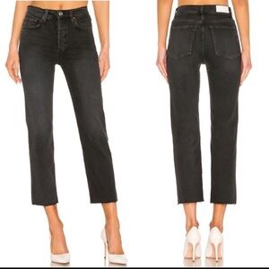 Re/Done “High Rise Stove Pipe” Black Cropped Jeans With Raw Hem Size 27 EUC